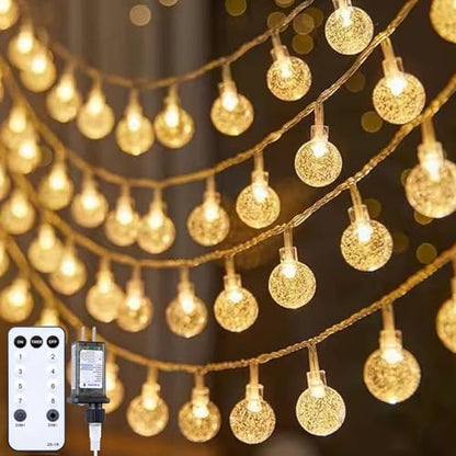 Minetom Crystal Globe String Lights Plug in - 66 ft 200 LED Globe Fairy String Lights with Remote and Timer, Waterproof for Bedroom Tent Loft Bed Window Porch Patio Wedding Holiday Decor, Warm White