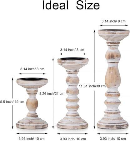 Wood Pillar Candle Holder: 3Pcs Rustic Candle Holders for Pillar Candles Wood Candle Holders Distressed Wooden Farmhouse Large Candle Holder for Fireplace Table (White, 6", 8", 12")