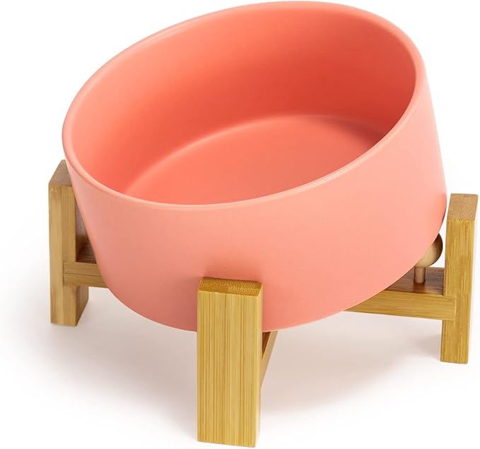 SPUNKYJUNKY 15° Slanted Ceramic Dog and Cat Bowl with Wooden Stand, Tilted Bulldog Food and Water Bowl No Slip Non-Spill for Cats Medium Dogs Big Face Pets 28.7 OZ (3.6 Cups,Pink)-Mewly Pet