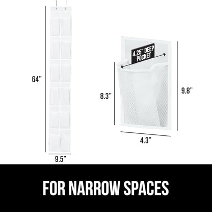 GORILLA GRIP Over the Door Shoe Organizer, 12 Large Breathable Mesh Pockets, Space Saving Hanging Storage Holder, 2 Hook Closet Rack Hanger, Hangs on Closets for Shoes, Accessories, 64H x 9.5W White