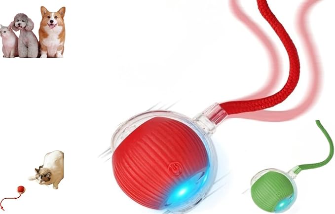 Indoor Cat Interactive Toy 360-degree Automatic Rolling Toy with Floor Flashing and Random Rolling for Cats and Dogs. Continuous Excitement, Fun and Stimulation for Your Cats and Dogs-(Red)-Mewly Pet