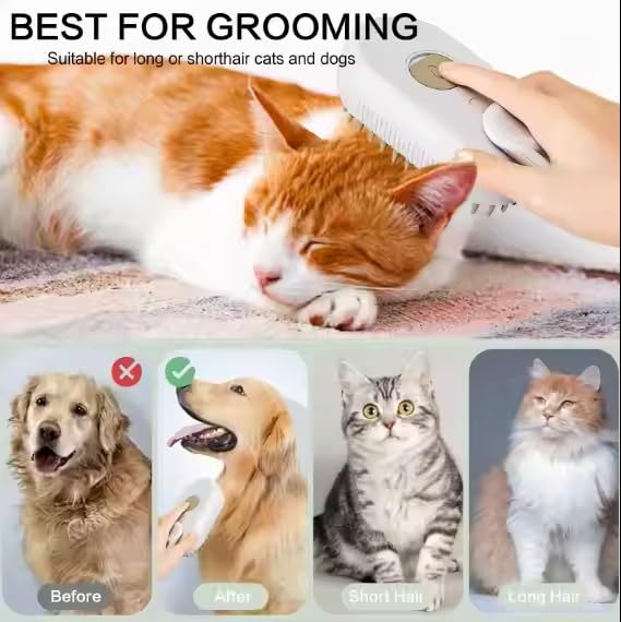 3-in-1 Steam Pet Brush for Cats & Dogs – Self-Cleaning Grooming Comb with Spray Mist, Massage & Shedding, Rechargeable USB, Anti-Static, Foldable Handle – White (WHITE)-Mewly Pet