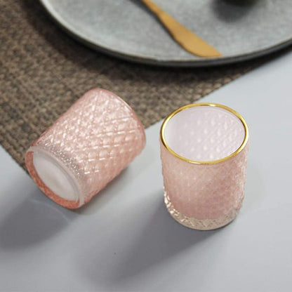 SHMILMH Pink Votive Candle Holders Set of 12, Vintage Glass Tealight Candle Holder with Gold Rim, Votives for Valentines Table Centerpiece, Wedding Decoration