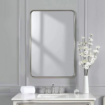ANDY STAR Brushed Nickel Bathroom Mirror, 24x36’’ Rounded Rectangle Mirror Modern Silver Vanity Mirror SUS304 Metal Tube Frame(Rustproof) 1’’ Deep Wall Mounted Vertically/Horizontally