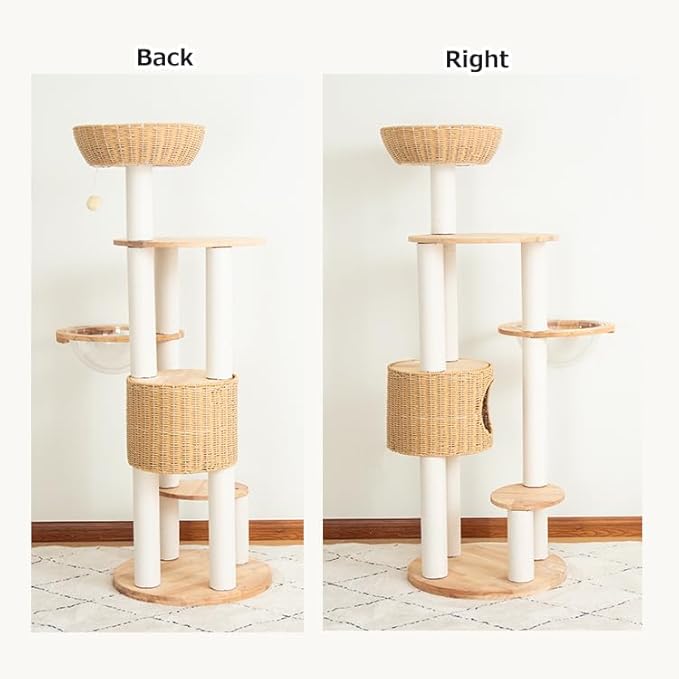 Wooden Cat Tree for Large Cats, Modern Multi-Level Condo with Natural Wood, Indoor Cat Furniture for Medium and Big Pets (Cream Y909S)-Mewly Pet