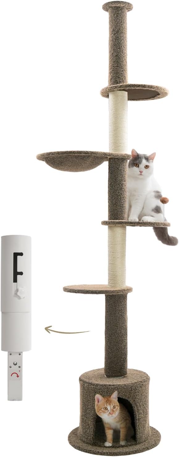 Made4Pets Floor to Ceiling Cat Tree 93-106'',Tall Cat Tower 5 Tiers, Adjustable Height, Stable Cat Tree Tower with Scratching Posts, Fluffy Condo, Hammock and Ball Toy for Indoor Cats/Kitten, Brown-Mewly Pet