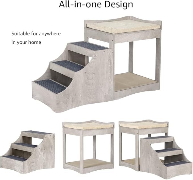 unipaws Pet Bunk Bed with Removable Step for Dogs and Cats, Multi-Level Bed Window Perch Seat Platform with Cushion and Cat Scratch Pad, Indoor Use-Mewly Pet