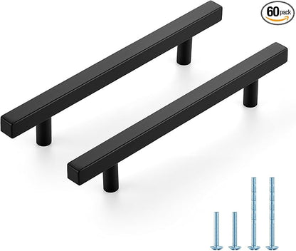 JOY DECOR 60 Pack 5 Inch Matte Black Square Cabinet Handles Stainless Steel Cabinet Hardware Pulls for Kitchen and Drawers with 7-3/8 Inch Overall Length