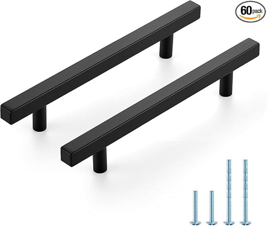 JOY DECOR 60 Pack 5 Inch Matte Black Square Cabinet Handles Stainless Steel Cabinet Hardware Pulls for Kitchen and Drawers with 7-3/8 Inch Overall Length