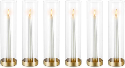 NUPTIO Hurricane Glass Candle Holders: 6 Pcs Gold Metal Taper Candlesticks Holder with 11.81 inch Long Clear Bottomless Cylinder Cover Stands for Wedding Anniversary Bridal Shower Table Centerpiece