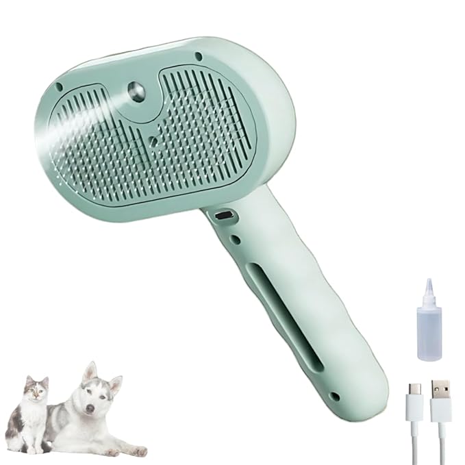 Pet Steam Brush for Cats Dogs, 3-in-1 Cat Grooming Tool with Water Spray and Quick Hair Release Button, Hair Removal Comb for Shedding, Steamy Brush (Geen)-Mewly Pet