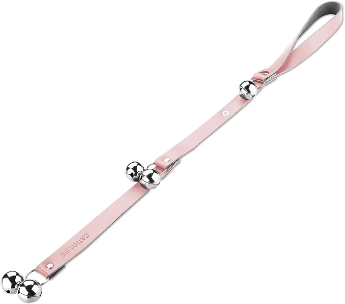 Leather Dog Doorbells for Door Knob/Potty Training/Go Outside, Length Adjustment Copper Dog Bell, Housetraining Hanging Bell, Pink Leather Silver Bells-Mewly Pet