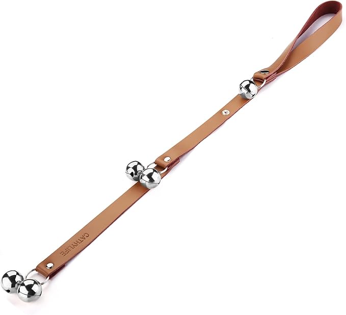 Leather Dog Doorbells for Door Knob/Potty Training/Go Outside, Length Adjustment Copper Dog Bell, Housetraining Hanging Bell, Brown Leather Silver Bells.-Mewly Pet