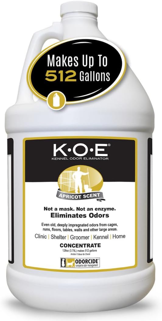 Odorcide K.O.E. Apricot Odor Eliminator Concentrate 128 oz for Strong Odor for Cages, Runs & More – Pet Odor Eliminator for Home & Kennel w/Safe, Non-Enzymatic Formula-Mewly Pet