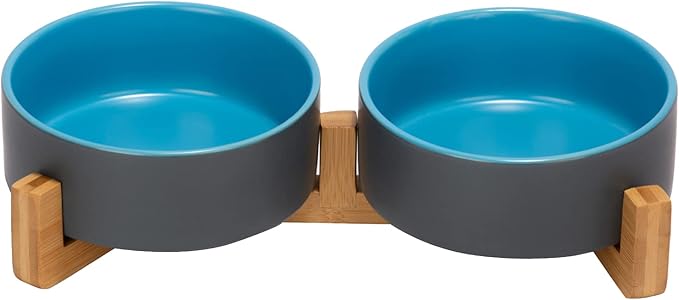 SPUNKYJUNKY Ceramic Dog and Cat Bowl Set with Wooden Stand, Modern Cute Weighted Food Water Set for Small Size Dogs (13.5OZ) & Medium Sized Dogs (28.7OZ) & Cats (1.7 Cups, 2 × Blue-Grey)-Mewly Pet