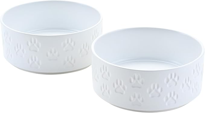 SPUNKYJUNKY Ceramic Dog Bowls 2 Pack, 8.3'' Dog Food Water Double Feeding Bowls Non-Slip for Medium to Large Sized Breed Microwave Dishwasher Safe - 60 OZ, 2pcs, Paw White-Mewly Pet