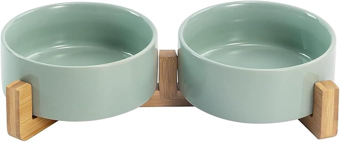 SPUNKYJUNKY Ceramic Dog and Cat Bowl Set with Wooden Stand, Modern Cute Weighted Food Water Set for Small Size Dogs (13.5OZ) & Medium Sized Dogs (28.7OZ) & Cats (1.7 Cups, 2 × Light Green)-Mewly Pet