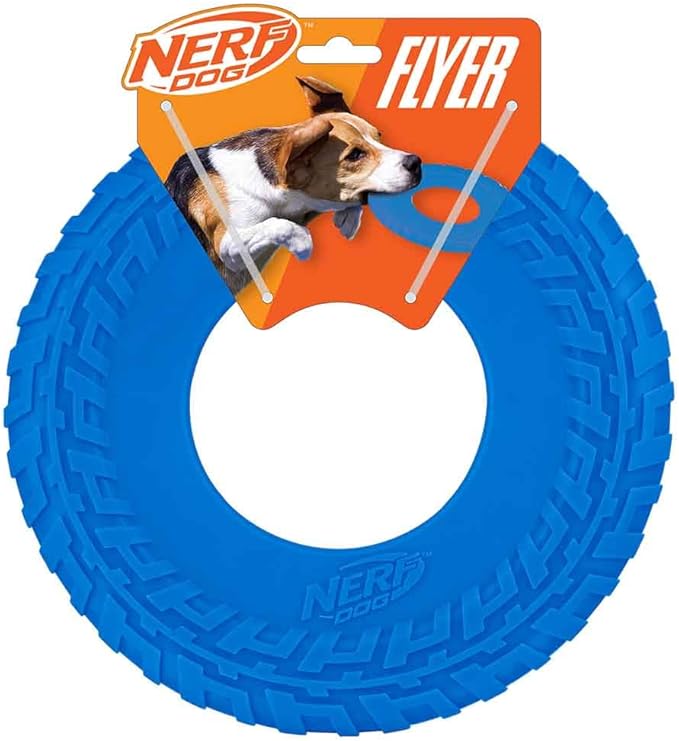 Nerf Dog Tire Flyer Outdoor Dog Toy, 10 Inch Flying Disc Dog Fetch Toy, Rubber Dog Toy for Medium Dogs and Large Dogs, Blue-Mewly Pet
