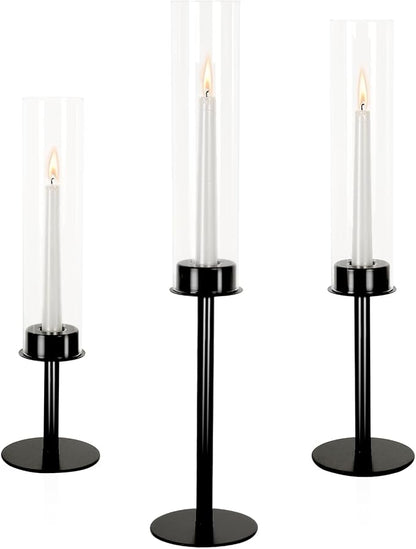 Hurricane Candle Holders Set of 3 Metal Candlestick Holder for Glass Taper Tall Candle Holders with Crystal Chimney Tube Candles Stands for Home Decor, Christmas, Dinning (3, Black)