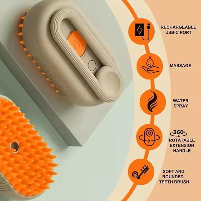 3-in-1 Steam Pet Brush for Cats & Dogs – Self-Cleaning Grooming Comb with Spray Mist, Massage & Shedding, Rechargeable USB, Anti-Static, Foldable Handle (TAN)-Mewly Pet