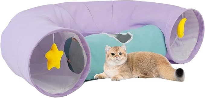 Cat Tunnel, Large Indoor Durable Collapsible Interactive Cat Tube with Peek-A-Boo Hole, Hanging Toys, and Crinkly Paper Lining - Cute Tunnel for Cats, Kittens, Puppies & Rabbits, Purple-Mewly Pet