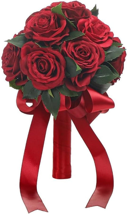 Wedding Bouquet Bride Flower Bridal Bouquets, Ribbon Artificial Rose Wedding Bouquets for Bride Bridesmaid Bouquet Dark Red Rose Bouquet Bride Bridesmaid Holding Flower for Wedding Decor