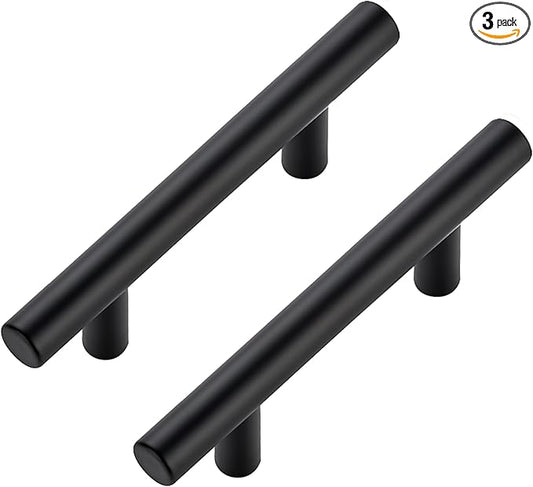 JOY DECOR 3 Pack Cabinet Handles, Black Cabinet Pulls, 3 in Hole Center Kitchen Hardware, Stainless Steel T Bar Handles for Dresser Drawers