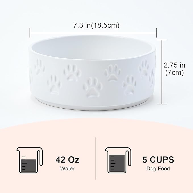 SPUNKYJUNKY Ceramic Dog Bowls 2 Pack, 7.3'' Dog Food Water Double Feeding Bowls Non-Slip for Medium to Large Sized Breed Microwave Dishwasher Safe - 42 OZ, 2pcs, Paw White-Mewly Pet