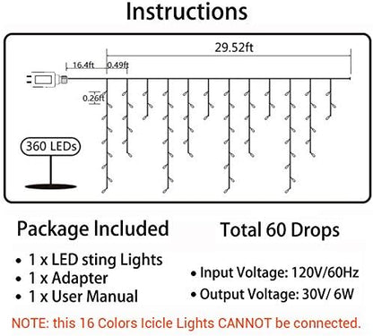 Toodour Christmas Icicle Lights Outdoor, RGB Color Changing Icicle Light with 60 Drops, 29.5ft 360 LED Christmas Lights - Window Fairy Twinkle Light for Home, Garden, Outdoor Xmas Decorations