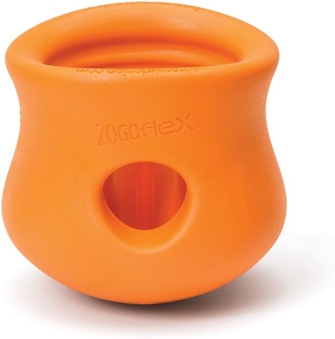 West Paw Zogoflex Toppl Treat Dispensing Dog Toy Puzzle – Interactive Chew Toys for Dogs – Dog Toy for Moderate Chewers, Fetch, Catch – Holds Kibble, Treats, Large 4", Tangerine-Mewly Pet