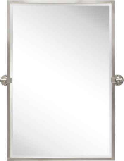 TEHOME 28.5 x 36 inch Brushed Nickel Metal Framed Pivot Rectangle Bathroom Mirror in Stainless Steel Tilting Beveled Vanity Mirrors for Wall
