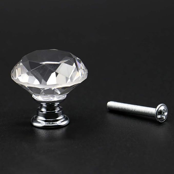 Joyhey 2 Pack 30 mm Diamond Shaped Glass Crystal Knobs with 3 Size Screws for Cabinet, Drawer, Cupboard, Dresser