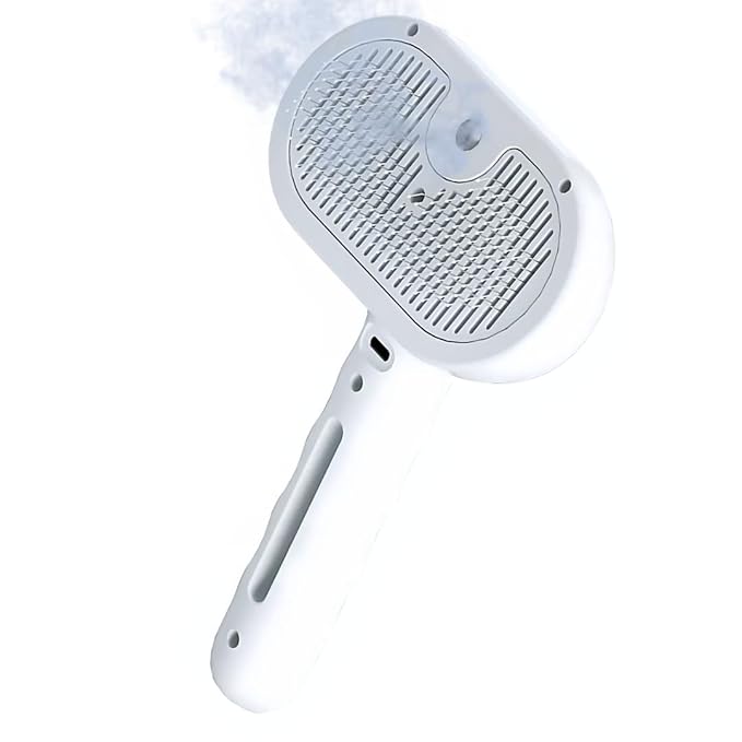 Pet Steam Brush for Cats Dogs, 3-in-1 Cat Grooming Tool with Water Spray and Quick Hair Release Button, Hair Removal Comb for Shedding, Steamy Brush (White)-Mewly Pet