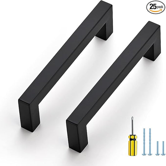 Ravinte 25 Pack Black Cabinet Pulls 4-1/2 Inch Square Kitchen Cabinet Handles Matte Black Kitchen Hardware for Drawer Pulls Drawer Handles Come with Screwdriver
