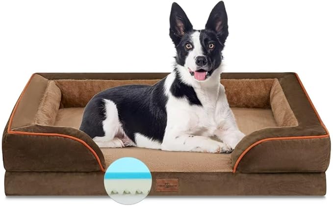 Comfort Expression Cooling Dog Beds Orthopedic, Waterproof Memory Foam Dog Bed for Large Dogs, Washable Dogs Beds with Removable Cover, Pet Sofa Couch with Bolster(Large,Khaki Brown)-Mewly Pet