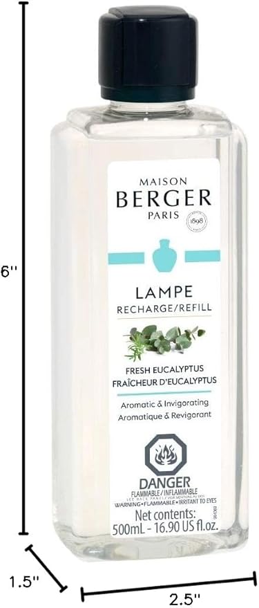 Maison Berger - Fresh Eucalyptus - Lampe Berger Fragrance Refill – 16.9 oz (500ml) – Home Fragrance Oil & Air Purifier – Lavender, Eucalyptus, Cedar & Amber