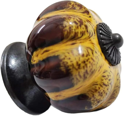 5 Pack Vintage Ceramic Pumpkin Cabinet Knobs, Kitchen Cabinet Drawers Dresser Cupboard Pull Handles Door Pulls with 5 Kinds of Screws (Leopard Print -Yellow)