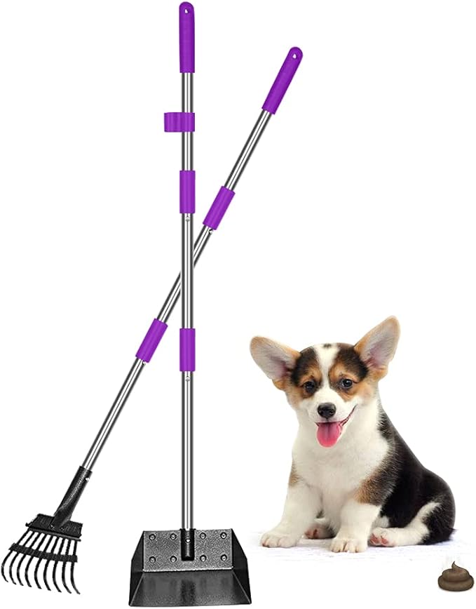 QiMH Upgraded Dog Pooper Scooper Extra Large, Adjustable Long Handle Stainless Metal Pet Poop Tray and Rake Set for Large Medium Small Dogs, Dog Waste Removal Bin Rake, Great for Grass, Street, Gravel-Mewly Pet