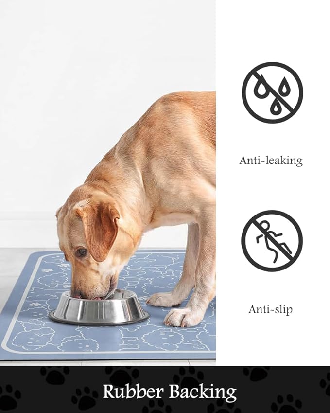 Pet Feeding Mat-Absorbent Dog Mat for Food and Water Bowl-No Stains Quick Dry Water Dispenser Mat-Dog Accessories Pet Supplies-Bowl for Messy Drinkers（BLUEDOGS,12"x19"-Mewly Pet