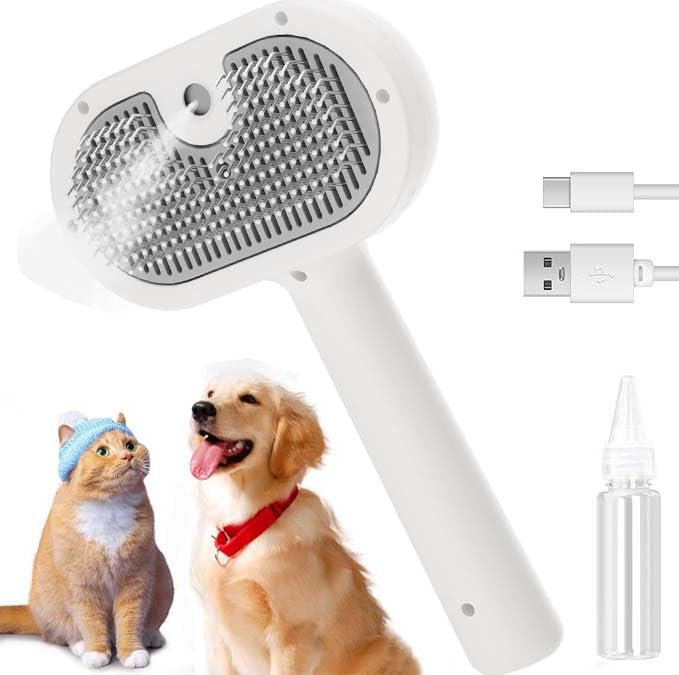 Pet Steam Brush for Dog & Cat – 3-in-1 Spray Hair Removal Comb – Steam Brush for Shedding & Grooming – Water for Long & Short Haired Pets – Spritz Defur Comb (White)-Mewly Pet