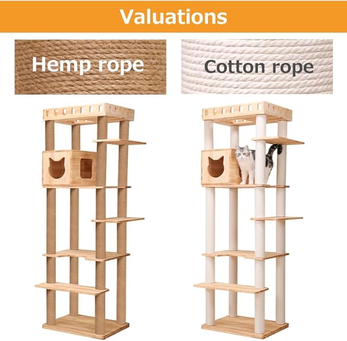 74" Wooden Cat Tree Tower for Large Cats, Multi-Level Cat Climbing Furniture with Scratching Posts, Cat Condo & Hammock, Natural Wood Cat Activity Center(Brown)-Mewly Pet