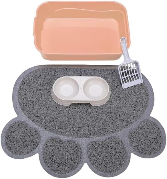 Kitty Litter Box Starter Kit - Small Cat Litter Pan Without Lid, Litter Mat, Scoop and Bowl for Kitten Within 3 Months (PinkScoop Set)-Mewly Pet