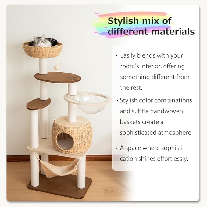 56.6in Large Wooden cat Tower for Large Multiple Cats,cat Tree with Observation Deck, Suitable for Summer and Winter 144CM (Particleboard)