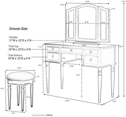Bobkona St. Croix Collection Vanity Set with Stool, Cherry