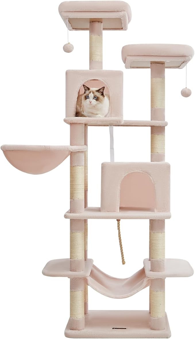 TaoqimiaoCat Tree Cat Tower for Indoor Cats, Plush Multi-Level Cat Condo with 12 Scratching Posts, 2 Perches, 2 Caves, Hammock, 2 Pompoms Jelly Pink-Mewly Pet