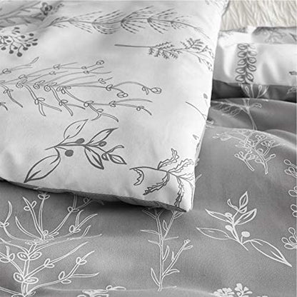 Bedsure King Comforter Set - Grey Bed Set, 3 Pieces Cute Floral Bedding, 1 Soft Reversible Botanical Flowers Comforter and 2 Pillow Shams