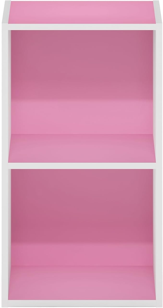Furinno PASIR Book Shelf, 2-Tier Modern Bookshelf, Open Shelves Bookcase 9" x 12" x 21", for Living Room, Bedroom, Home Office, Pink/White
