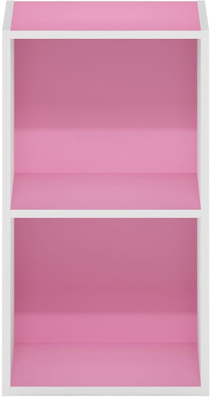Furinno PASIR Book Shelf, 2-Tier Modern Bookshelf, Open Shelves Bookcase 9" x 12" x 21", for Living Room, Bedroom, Home Office, Pink/White