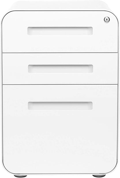 Laura Davidson Furniture Stockpile 3 Drawer File Cabinet with Lock - Under Office Desk Metal Filing Cabinet, Legal/Letter File Folders, Wheels and Stationary Feet, Pre-Assembled, White