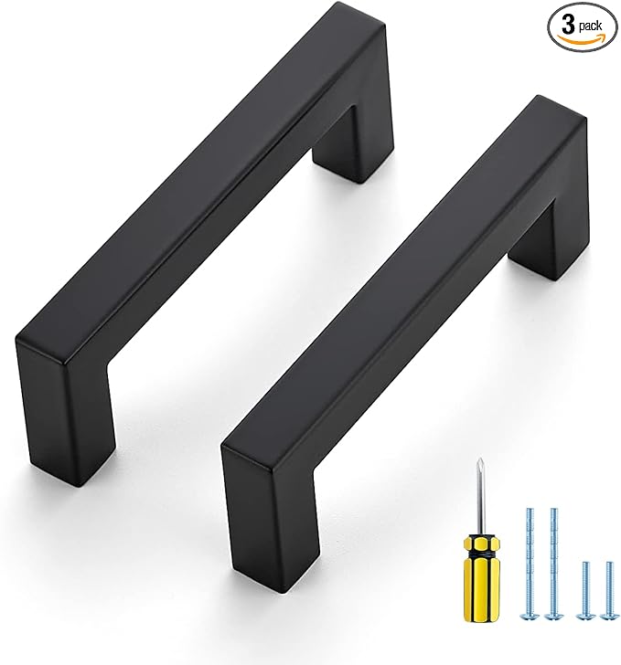 Ravinte 3 Pack Black Cabinet Pulls 3-1/2 Inch Square Cabinet Handles Matte Black Kitchen Hardware for Cabinet Drawer Pulls Come with Screwdriver